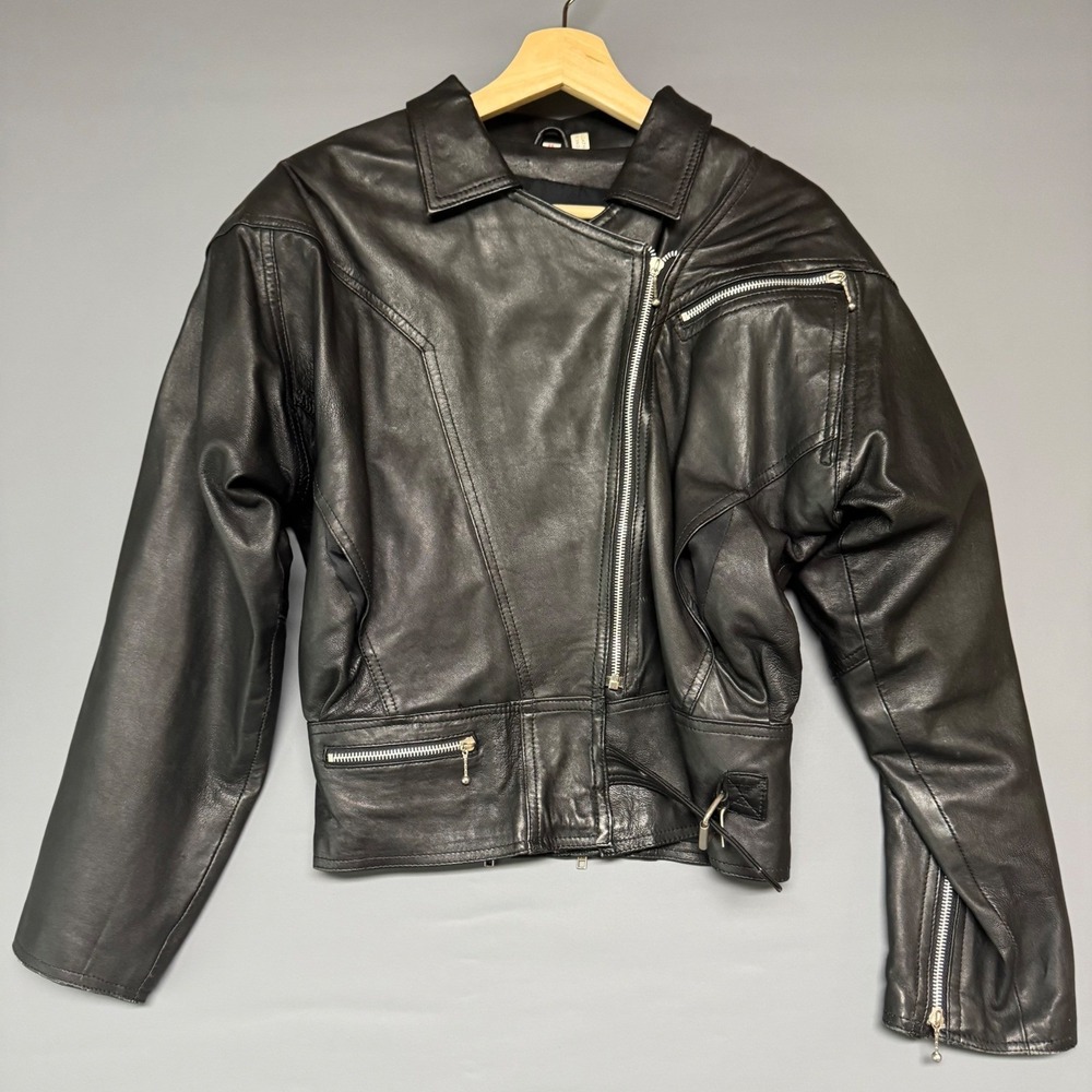 Vtg Leather Motorcycle‎ Jacket Womens Medium Zip Cropped Biker Unusual Pockets